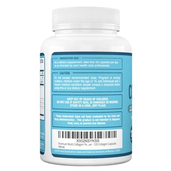 Premium Multi Collagen Peptides (Types I, II, II, V, X) - Collagen Pills for Skin Care, Hair Growth, Nails & Joints - Vitamin C, Hyaluronic Acid, Biotin, Gluten Free - 120 Collagen