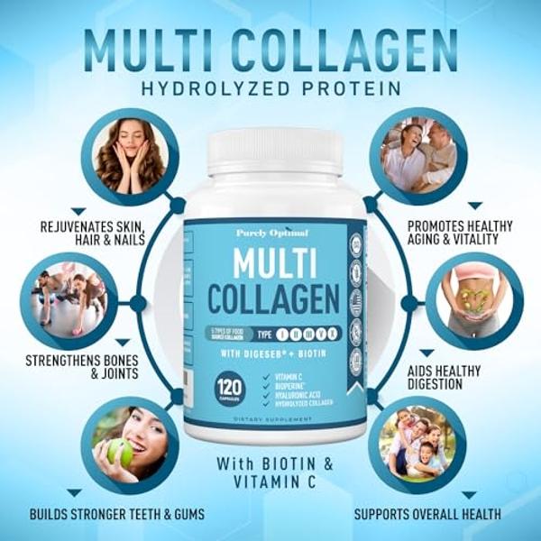 Premium Multi Collagen Peptides (Types I, II, II, V, X) - Collagen Pills for Skin Care, Hair Growth, Nails & Joints - Vitamin C, Hyaluronic Acid, Biotin, Gluten Free - 120 Collagen
