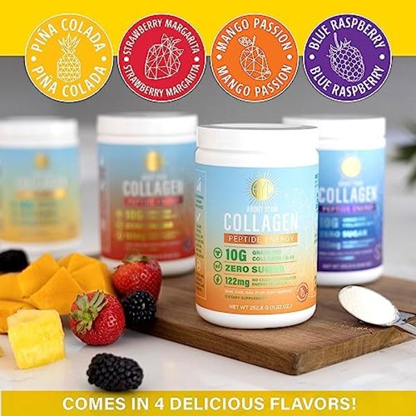 ABOUT YOUR COLLAGEN Peptide Energy Collagen Powder Hair, Nail, Skin, Type I & III,Caffeine for Energy, Vitamin C, Biotin, Hyaluronic Acid, Zero Sugar – 8.92 oz (Pina Colada)
