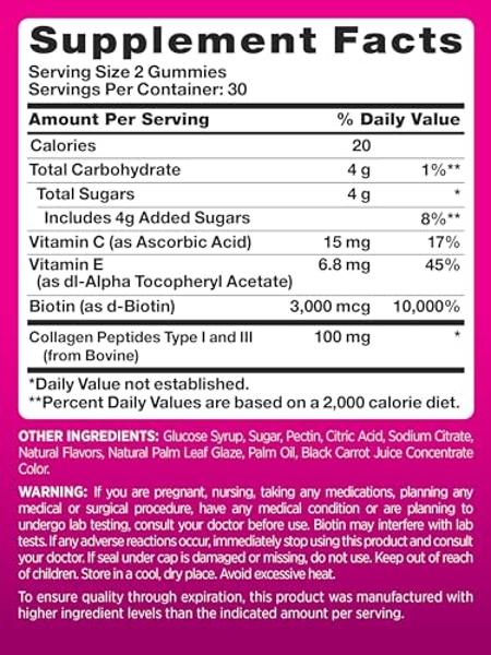PINK Hair Skin Nails Gummies | 60 Count | Plus Collagen & Biotin | Non-GMO & Gluten Free Vitamins for Women | Strawberry Flavor