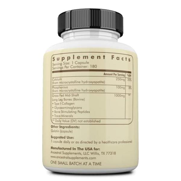 Ancestral Supplements Grass Fed Beef Living Bone Supplement, Bone Meal Capsules Support Bone Health, Oral and Joint Health and Flexibility, Non-GMO, 180 Capsules