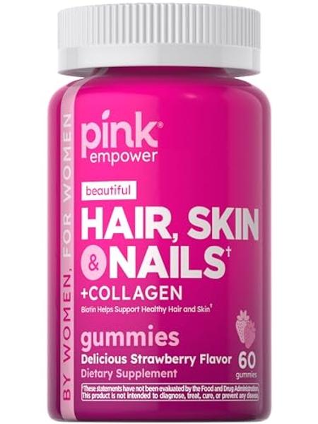 PINK Hair Skin Nails Gummies | 60 Count | Plus Collagen & Biotin | Non-GMO & Gluten Free Vitamins for Women | Strawberry Flavor