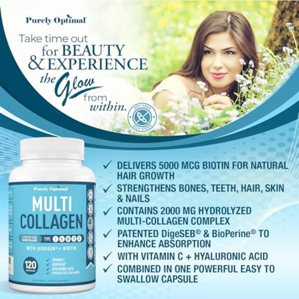 Premium Multi Collagen Peptides (Types I, II, II, V, X) - Collagen Pills for Skin Care, Hair Growth, Nails & Joints - Vitamin C, Hyaluronic Acid, Biotin, Gluten Free - 120 Collagen