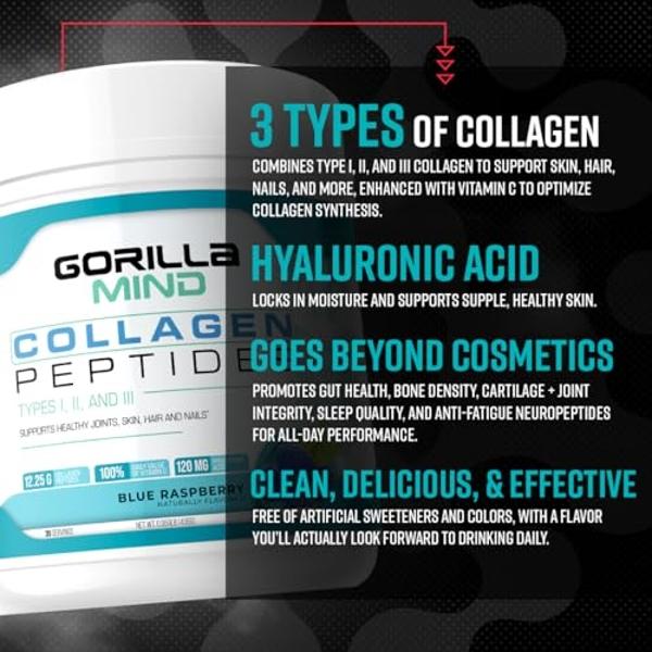 Gorilla Mind Collagen Peptides Powder - Joint & Bone Health/Great for Hair, Skin & Nails/Sleep Support/Types I, II, III/Mix in Water, Juice or a Smoothie - 435g (Blue Raspberry)