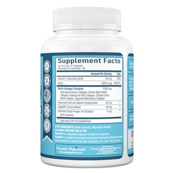 Premium Multi Collagen Peptides (Types I, II, II, V, X) - Collagen Pills for Skin Care, Hair Growth, Nails & Joints - Vitamin C, Hyaluronic Acid, Biotin, Gluten Free - 120 Collagen