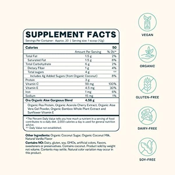 Ora Organic Vegan Collagen-Boosting Powder for Women and Men - Hair, Skin, & Nails Support - Bamboo Silica, Plant-Based Protein, Organic Vitamin C, Aloe Vera - Vanilla Flavor, 20 S