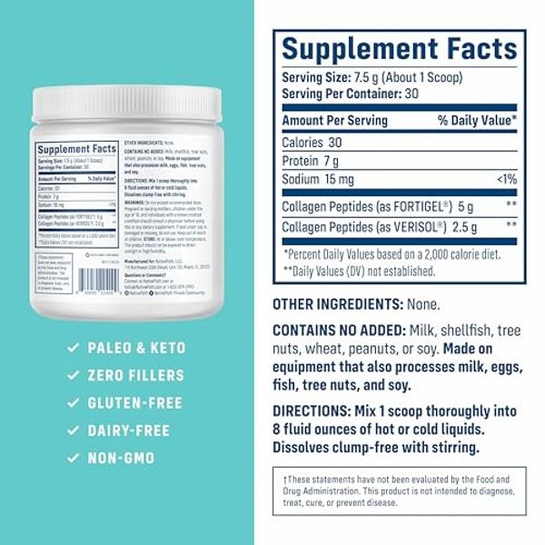 NativePath Joint Health Collagen Peptides, Type 1 & 3 Peptides, with Fortigel and Verisol, 7.9 Ounce, 30 Servings