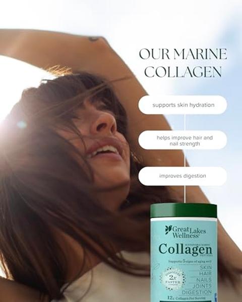 Great Lakes Wellness Sustainable Marine Collagen Peptides Powder for Skin, Hair, Nails, Joints & Digestion - Unflavored - Quick Dissolve Hydrolyzed, Wild Caught, MSC Certified, Non