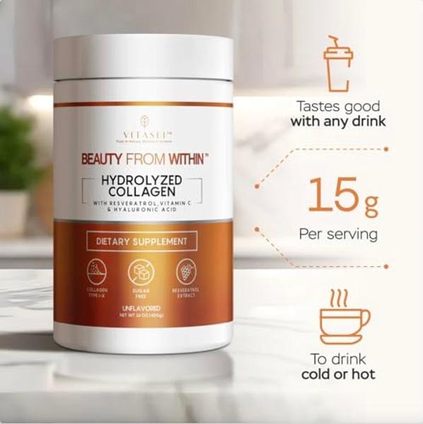 VITASEI Hydrolyzed Collagen Peptides Powder with Vitamin C & Resveratrol - Hair, Skin and Nails Vitamins for Women & Men - Bone and Joint Supplement - Unflavored - 16 oz