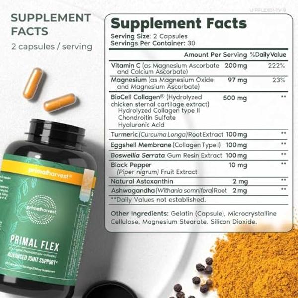 Primal Harvest, Primal Flex Joint Supplement with Collagen, Turmeric, Boswellia and Ashwagandha (60 Count) 1 Pack