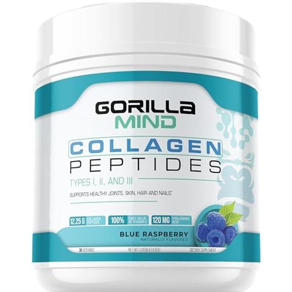 Gorilla Mind Collagen Peptides Powder - Joint & Bone Health/Great for Hair, Skin & Nails/Sleep Support/Types I, II, III/Mix in Water, Juice or a Smoothie - 435g (Blue Raspberry)