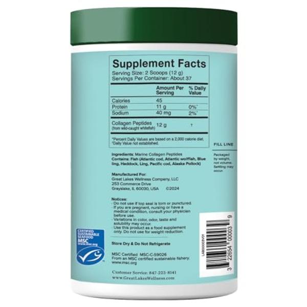 Great Lakes Wellness Sustainable Marine Collagen Peptides Powder for Skin, Hair, Nails, Joints & Digestion - Unflavored - Quick Dissolve Hydrolyzed, Wild Caught, MSC Certified, Non