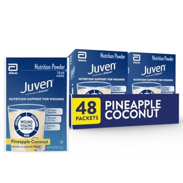 Juven Therapeutic Nutrition Drink Powder Including Collagen Peptides, Amino Acids, and HMB for Wound Healing Support, Pineapple Coconut, 48 Packets