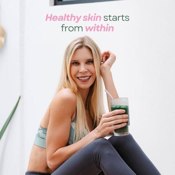Ami Fitness Glow Greens Powder, Collagen with Probiotics, Vitamins, Digestive Enzymes, Superfoods, Gut Health, Bloating Relief, Radiant Skin, Natural Glow, Spirulina, 30 SVG, Pinea