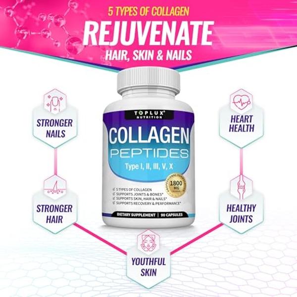 Toplux Multi Collagen Peptides Pills 1800 Mg Complex - Type I, II, III, V, X Premium Collagen Complex for Better Skin & Hair, Strong Joint, Hydrolyzed Protein, for Men Women, 90 Ca