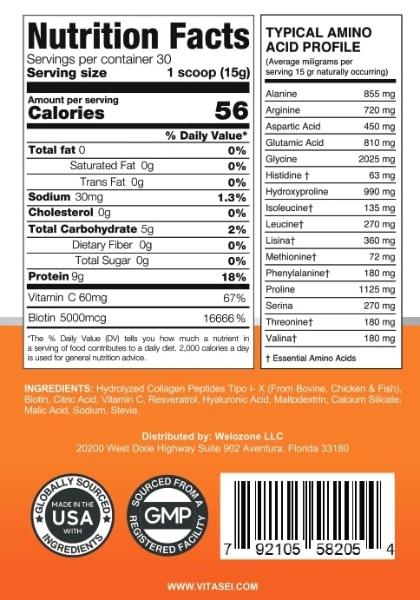 VITASEI Hydrolyzed Collagen Peptides Powder with Vitamin C & Resveratrol - Hair, Skin and Nails Vitamins for Women & Men - Bone and Joint Supplement - Unflavored - 16 oz