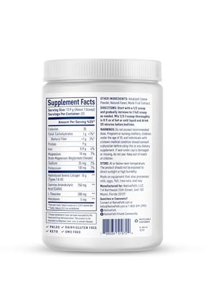 NativePath Collagen PM - Chocolate Nighttime Collagen Peptides Powder with Magnesium, GABA, L-Theanine and Melatonin - 20 Servings