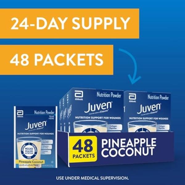 Juven Therapeutic Nutrition Drink Powder Including Collagen Peptides, Amino Acids, and HMB for Wound Healing Support, Pineapple Coconut, 48 Packets