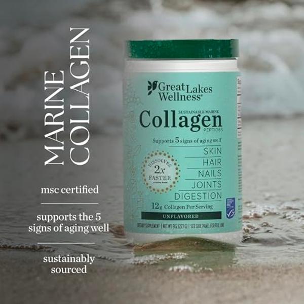 Great Lakes Wellness Sustainable Marine Collagen Peptides Powder for Skin, Hair, Nails, Joints & Digestion - Unflavored - Quick Dissolve Hydrolyzed, Wild Caught, MSC Certified, Non