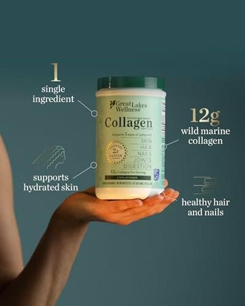 Great Lakes Wellness Sustainable Marine Collagen Peptides Powder for Skin, Hair, Nails, Joints & Digestion - Unflavored - Quick Dissolve Hydrolyzed, Wild Caught, MSC Certified, Non