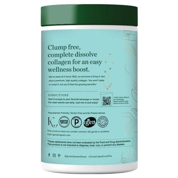 Great Lakes Wellness Sustainable Marine Collagen Peptides Powder for Skin, Hair, Nails, Joints & Digestion - Unflavored - Quick Dissolve Hydrolyzed, Wild Caught, MSC Certified, Non