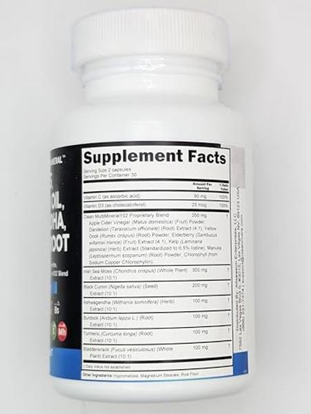 Clean Nutraceuticals Sea Moss Black Seed Oil Ashwagandha Turmeric Bladderwrack Burdock & Vitamin C Vitamin D3 with Elderberry Manuka Dandelion Yellow Dock Iodine Chlorophyll ACV