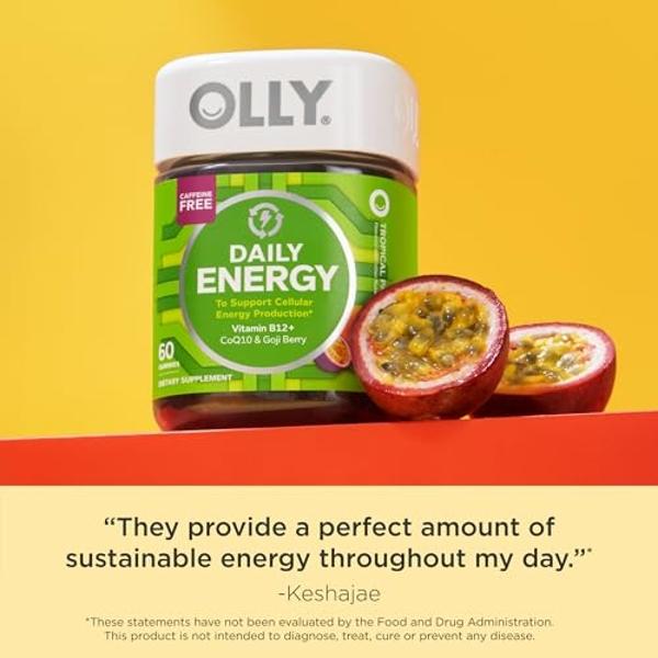 OLLY Daily Energy Gummy, Caffeine Free, Vitamin B12, CoQ10, Goji Berry, Adult Chewable Supplement, Tropical Flavor - 60 Count