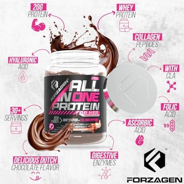 Forzagen All in One Protein for Her | Women’s Protein Powder with Multi Collagen Peptides | Hydrolyzed Collagen Supplement, Gut Health, Great for Pre & Post Workout | Dutch Chocola
