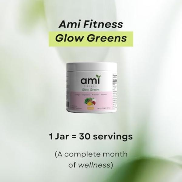 Ami Fitness Glow Greens Powder, Collagen with Probiotics, Vitamins, Digestive Enzymes, Superfoods, Gut Health, Bloating Relief, Radiant Skin, Natural Glow, Spirulina, 30 SVG, Pinea