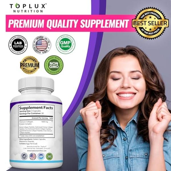 Toplux Multi Collagen Peptides Pills 1800 Mg Complex - Type I, II, III, V, X Premium Collagen Complex for Better Skin & Hair, Strong Joint, Hydrolyzed Protein, for Men Women, 90 Ca