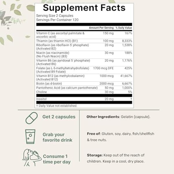 Pure Methylated B Complex for Women & Men | 240 Capsules with High Absorption Vitamin C | 11-in-1 with Vitamins B12, Thiamin, Folate + Inositol, Choline & More | Only Active Ingred