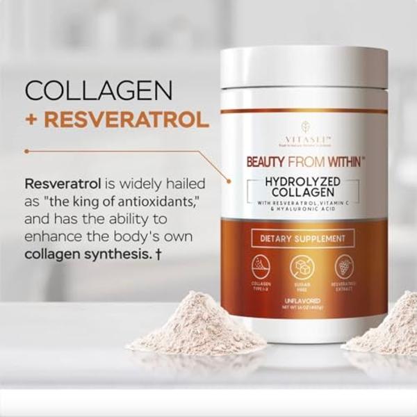 VITASEI Hydrolyzed Collagen Peptides Powder with Vitamin C & Resveratrol - Hair, Skin and Nails Vitamins for Women & Men - Bone and Joint Supplement - Unflavored - 16 oz