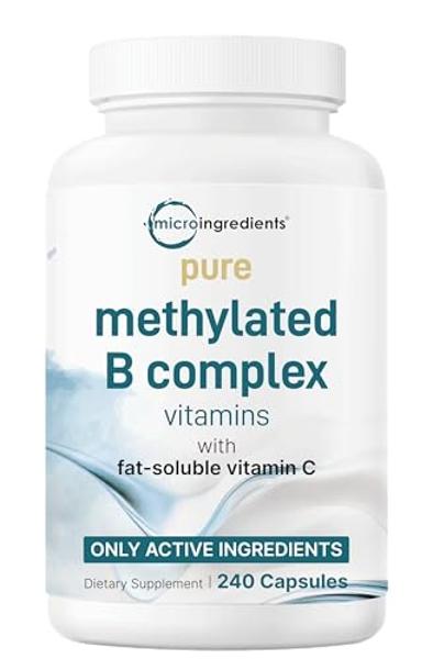 Pure Methylated B Complex for Women & Men | 240 Capsules with High Absorption Vitamin C | 11-in-1 with Vitamins B12, Thiamin, Folate + Inositol, Choline & More | Only Active Ingred