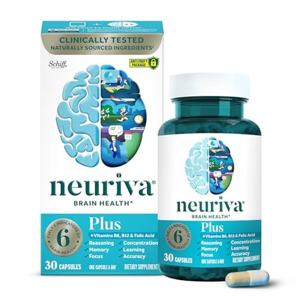 NEURIVA Plus Brain Supplement for Memory and Focus Clinically Tested Nootropics for Concentration for Mental Clarity, Cognitive Enhancement Vitamins B6, B12, Phosphatidylserine 30 