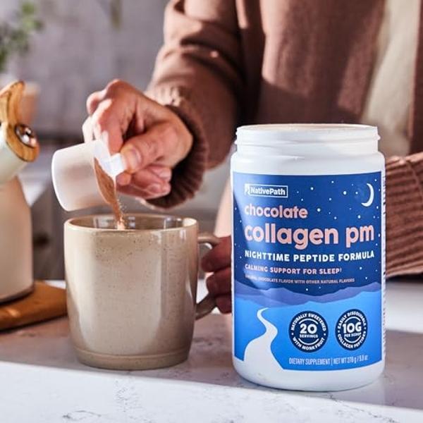 NativePath Collagen PM - Chocolate Nighttime Collagen Peptides Powder with Magnesium, GABA, L-Theanine and Melatonin - 20 Servings