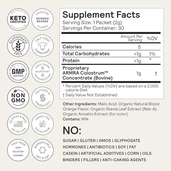 ARMRA Colostrum™ Premium Powder, Grass Fed, Gut Health Bloating Immunity Skin & Hair, Contains 400+ Bioactive Nutrients, Potent Bioavailable, Keto, Gluten & Fat Free (Blood Orange 