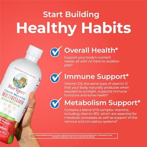 MaryRuth's Liquid Morning Multivitamin Essentials+ | Vitamin A C D E B6 B12 Biotin Zinc | Mens Womens Multivitamin | Immune Support | Beauty | Sugar Free | Vitamins for Ages 1+ | V