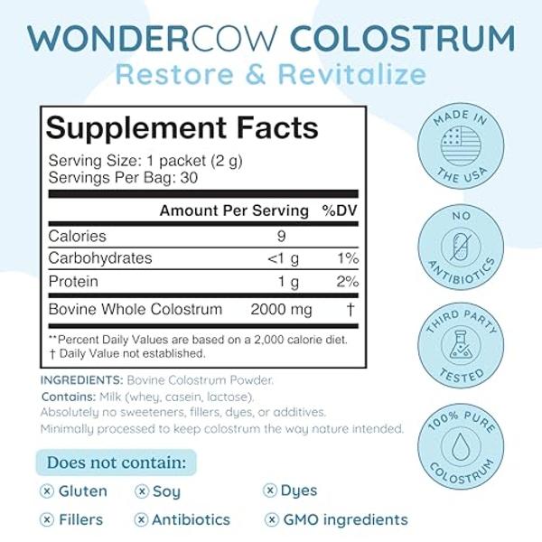 Colostrum Supplement Powder for Gut Health, Immune Support, Muscle Recovery & Wellness | Natural IgG Pure Whole Bovine Colostrum Superfood, Unflavored, 30 Servings