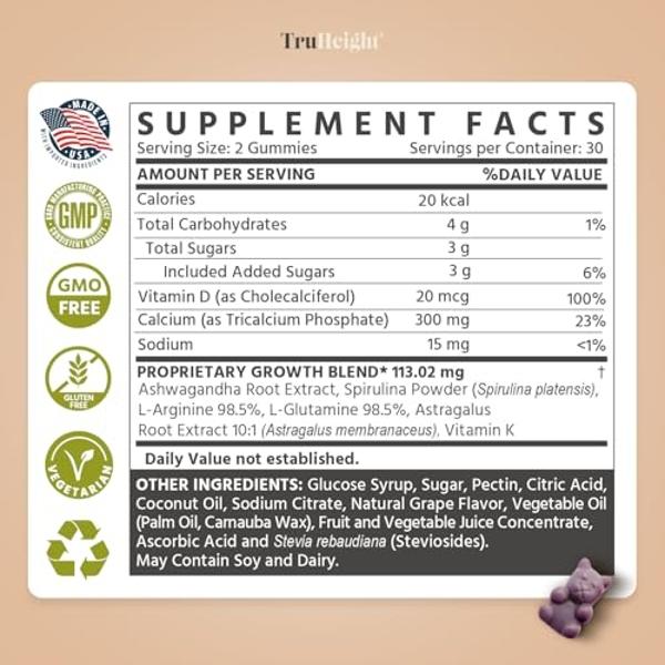 TruHeight Growth Gummies (Grape) Natural Growth & Development Supplement for Kids & Teens - Vitamin D, K, Calcium & Ashwaganda - Bone Strength Vitamins - Picky Eater Vitamin for Ki