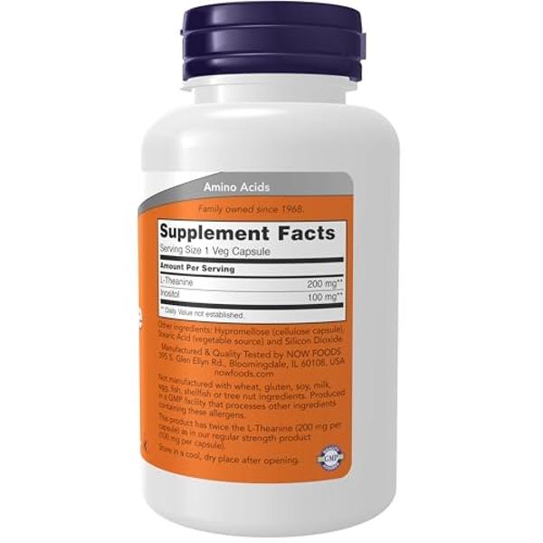 NOW Foods Supplements, L-Theanine 200 mg with Inositol, Stress Management*, 120 Veg Capsules