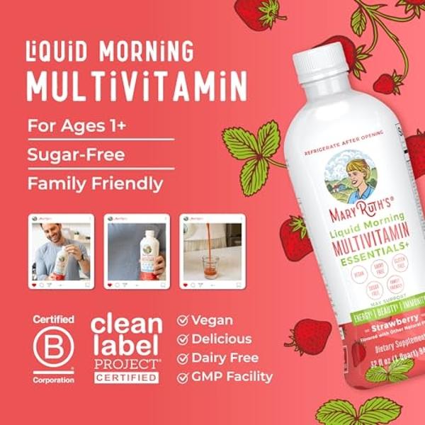 MaryRuth's Liquid Morning Multivitamin Essentials+ | Vitamin A C D E B6 B12 Biotin Zinc | Mens Womens Multivitamin | Immune Support | Beauty | Sugar Free | Vitamins for Ages 1+ | V
