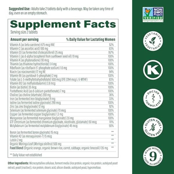 MegaFood Baby & Me 2 Postnatal Vitamins for Women Breastfeeding with Folate (Folic Acid Natural Form), Choline, Iodine, Vitamin D, Moringa Leaf and More - 60 Tabs (30 Servings)