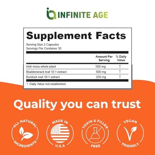 Infinite Age 3 Pack of 1250mg Sea Moss Advanced Superfood Capsules, 180 Count - High-Potency, Vegan, Made in The USA - Irish Seamoss, Bladderwrack, Burdock Root - Overall Health, I