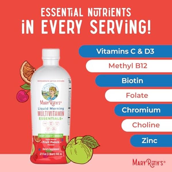 MaryRuth Organics Liquid Morning Multivitamin Essentials+ | Vitamin A C D E B6 B12 Biotin Zinc, Mens Womens Multivitamin, Immune Support, Beauty | Sugar Free | Vitamins for Ages 1+