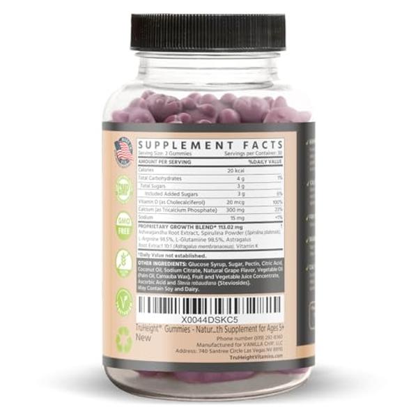 TruHeight Growth Gummies (Grape) Natural Growth & Development Supplement for Kids & Teens - Vitamin D, K, Calcium & Ashwaganda - Bone Strength Vitamins - Picky Eater Vitamin for Ki