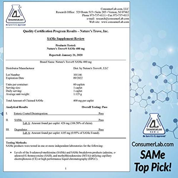 Nature's Trove SAM-e 400mg 30 Enteric Coated Caplets. Vegan, Kosher, Non-GMO, Soy Free, Gluten Free - Mood and Joint Support - Cold Form Blister Packed.