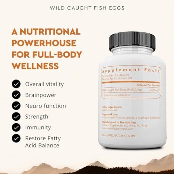 Ancestral Supplements Wild Caught Fish Eggs, 2400mg, Omega-3 Supplement Supports Brain, Heart, Fertility and Inflammatory Health, Whole Food Source of Vitamin D, K2, and A, Non-GMO