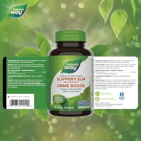 Nature's Way Slippery Elm Bark, Traditional Support to Soothe the GI Tract*, Vegan, 100 Capsules (Packaging May Vary)