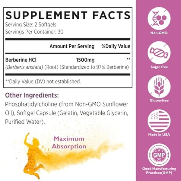 Liposomal Berberine Supplement 1500mg - Third Party Tested, High Bioavailability Berberine HCL Capsules for Women and Men, AMPK Activator for Cardiovascular Health, Sugar-Free, Non