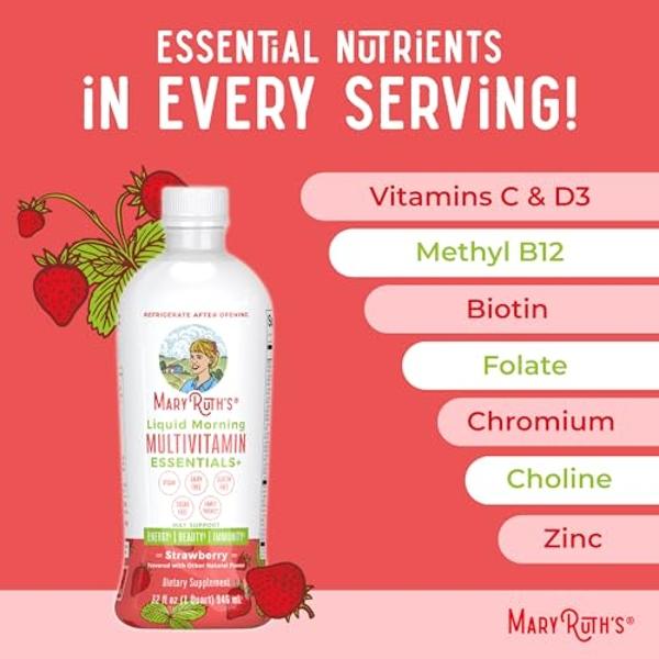 MaryRuth's Liquid Morning Multivitamin Essentials+ | Vitamin A C D E B6 B12 Biotin Zinc | Mens Womens Multivitamin | Immune Support | Beauty | Sugar Free | Vitamins for Ages 1+ | V